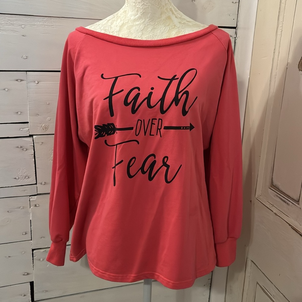 Womens Pink Shirt with 'Faith Over Fear' Long Sleeve